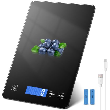 Wiederaufladbare Digitale Küchenwaage, Glas Essenswaage mit LCD Display, Tara-Funktion, 5 Maßeinheiten, Batterien Inklusive